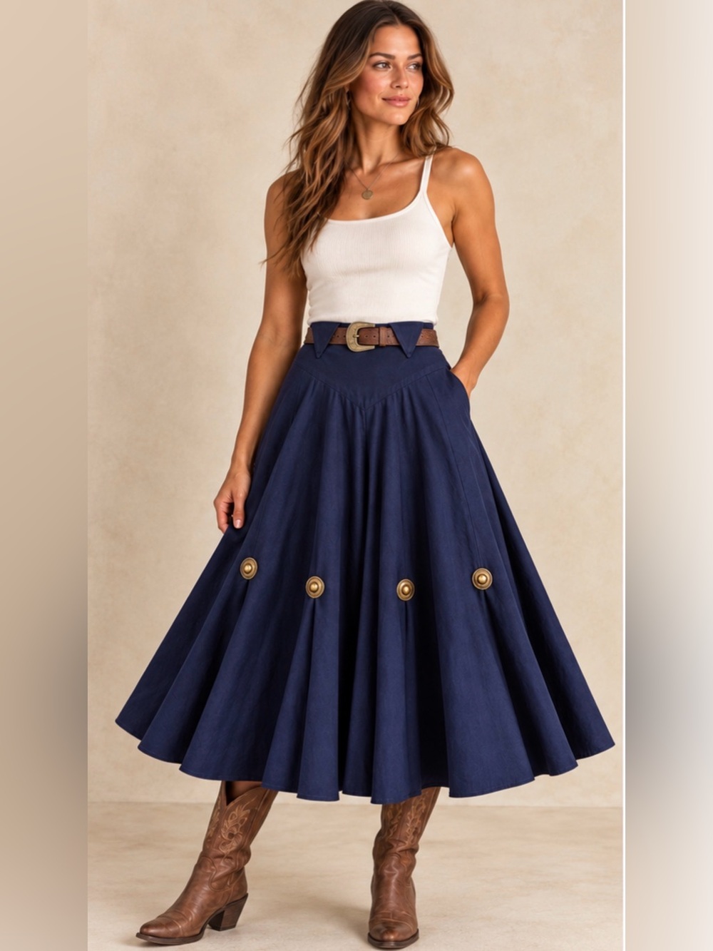 Vintage Circle T Western Concho Full Maxi Skirt Navy USA 7/8